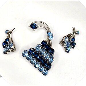 SHERMAN signed Demi Parure layered two shades of blue clip earrings and brooch